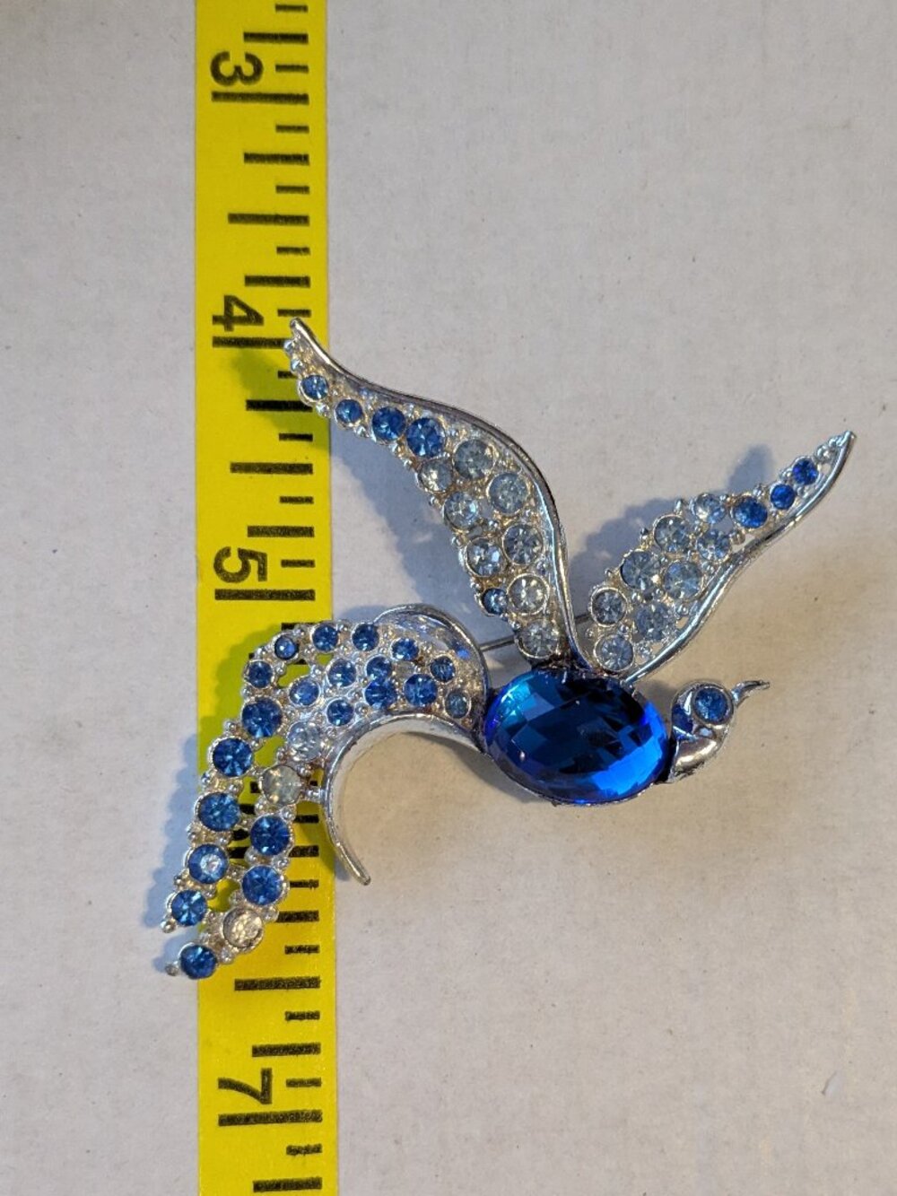 Vintage Silver Tone Blue Clear Rhinestone Flying Bird Brooch Pin